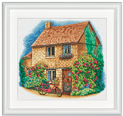 Dutch Stitch Brothers - Gezählter Kreuzstich Kit - DSB010A - Häuschen mit Fahrrad - Aida weiß - 50 x 50 cm - Stick-Kit für Erwachsene