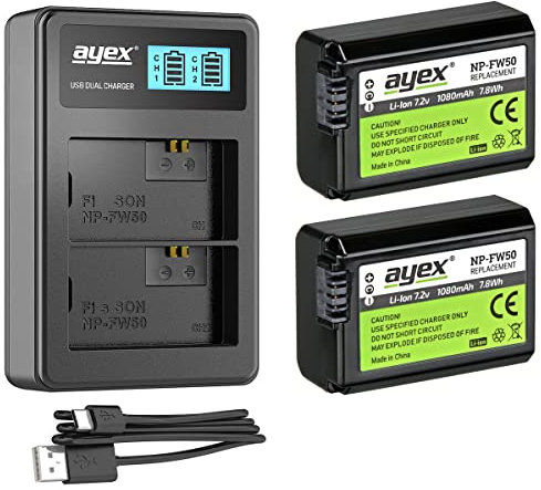 ayex Power Paket mit 2X NP-FW50 Akku Passend für Sony + 1x USB Dual Ladegerät Ersatzakku Set für zB Alpha A7 A6000 NEX