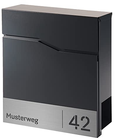 Forgard wetterfester Briefkasten mit Zeitungsfach, Briefbox, Zinkstahl Wandbriefkasten mit Schloss, RAL7016 Anthrazit, 38x36,5x11 cm (Straße + Hausnummer, TRELLEBORG)