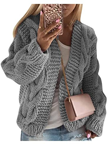 Qiribati Womens Chunky Cardigan Cable Knit Oversized Open Front Cardigan Sweaters Sweet Jumper Gray
