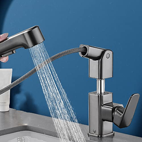 Grifo Lavabo Extraible con Ducha Gris Multifunción Retráctil Latón Mezclador de Lavabo