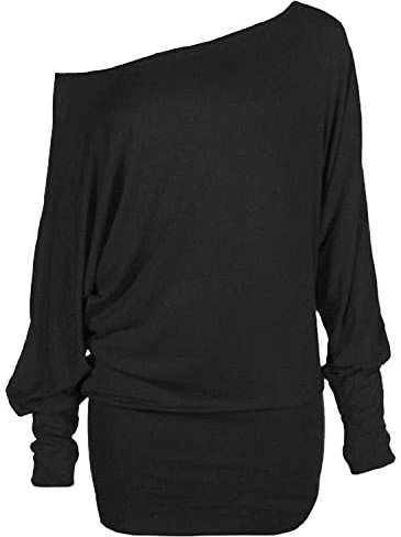Womens Off Shoulder Jumper Batwing Sleeve Plain Shirt Ladies Winter Fashion Long Sleeve Baggy Top Black UK 12-14