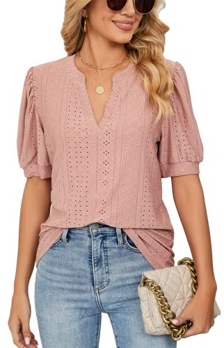 EDOTON Donna Maglietta Corte Scollo a V Camicetta Casual Estate Solida Hollow Bubble Sleeves Maglia Loose Tops Donna T-Shirts (XL,A Rosa)