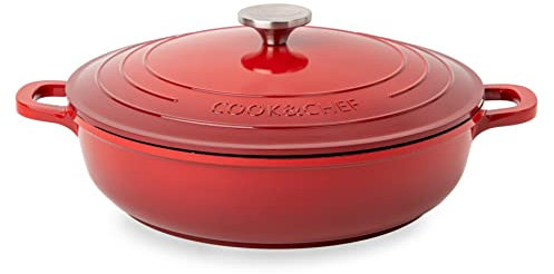 Non-Stick Aluminium Pot with Lid – Sturdy Shallow Dutch Oven – Casserole Pot with Ergonomic Handles – 3.9L, 28cm, Red – Oven Safe Cooking Pot – by Nuovva