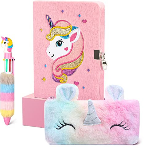 Cooyou Plüsch Einhorn Notizbuch Mädchen-A5 Plüsch Einhorn Tagebuch für Mädchen, Tagebuch Mädchen mit Schlöss und Schlüssel, Einhorn Geschenke für 4 5 6 7 8 9 10 11 12 Jährige Mädchen, Rosa