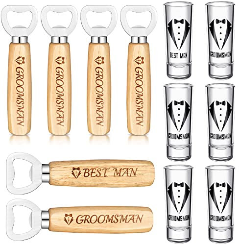 Didaey 12 Pcs Groomsmen Shot Glasses and Beer Bottle Opener Set - 6 Best Man & 6 Groomsman Gifts - Simple