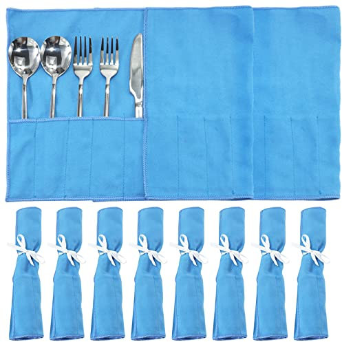 ikaufen 8/10Pcs Silver Storage Bags Anti Tarnish Flannel Silver Protector Bags Blue Holder for Silverware Flatware Storage Organizer Silver Storage Cloth White Ribbon for Kitchen Utensils (10 Pcs)