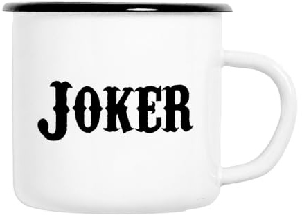 Huuraa Emaille Tasse Joker Schriftzug, Weiß, 300 ml | Trinkbecher mit schwarzem Rand und Motivdruck als Geschenk für Menschen mit Sinn für Humor.