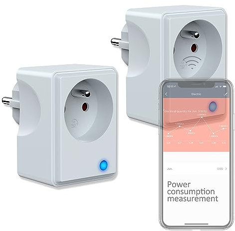 UCOMEN Prise Connectées WiFi (Type E), Mesure de Consommation Électrique, Programmable Compatible avec Alexa, Google Home, Smart Life APP, Commande Vocale,Contrôle à Distance, 16A/3680W, gris, 2 packs