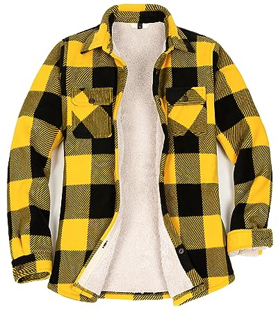 Damen Gefütterte Fleece Plaid Hemdjacke Sherpa Fleece durchgehend Flanellhemd Jac, Gelb, Schwarz, X-Large