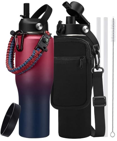 RRYFOUR Bouteille d'eau isotherme de 9,9/1,2 l avec paille - S'adapte à n'importe quel porte-gobelet de voiture - Garde le froid 48 h au chaud et 24 h - Bouteille d'eau en acier inoxydable avec