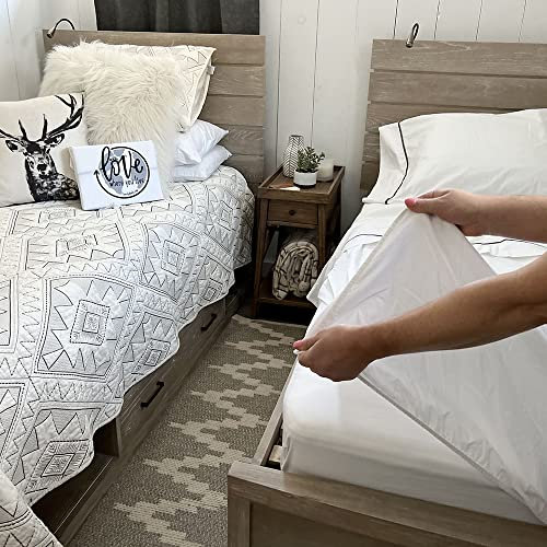 Halb-Spannbetttuch, Bio-Baumwolle, kein Ziehen, einfache Bettherstellung, Wohnmobil-Bettlaken (nur Bettlaken für Doppelbett, weiß/weißer Rand)