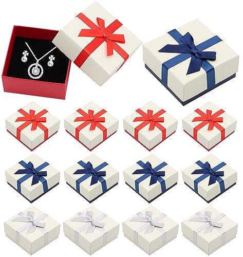 SPOKKI 12 Pezzi Scatole Regalo per Gioielli, Scatole Regalo con Coperchio Con Fiocco, Scatolina Regalo di Compleanno, Scatolina Regalo di Natale, Contiene Scatole Regalo Rosse, Blu e Grigie