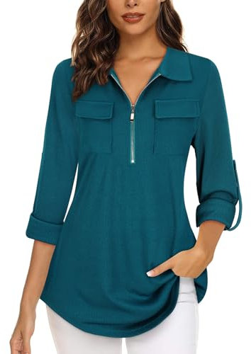 Gemulate Tunics for Women - Zip Up Blouse & Shirts - Long Sleeve Tops - Plus Size Ladies Tops - Teal Blue, L