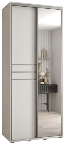 MEBLE KRYSPOL Davos 11 100 Schrank mit Zwei Schiebetüren für Schlafzimmer - Moderner Schrank mit Spiegel, Kleiderstange und Regalen - 235,2x100x45 cm - Weiß Weiß Silber