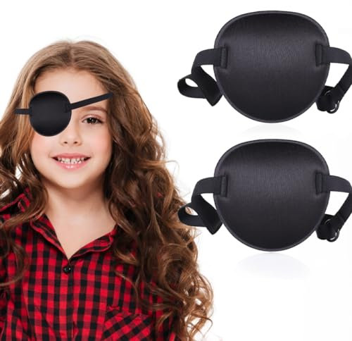 JTKREW 2 pcs Augenklappe Medizinisch Einstellbar Augenklappen Elastische Unisex Schwarz Einzel Auge Patch für Erwachsene Kinder Amblyopie Lazy Eye, Pirate Cosplay Kostüm