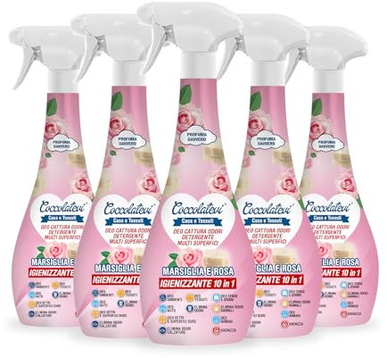 COCCOLATEVI Deo 10 in 1 Rosa e Marsiglia 300 ml x 5 Cattura Odori, Detergente Igienizzante Multi Superficie con Alcol 50°, Igienizza, Pulisce, Deodora e Profuma