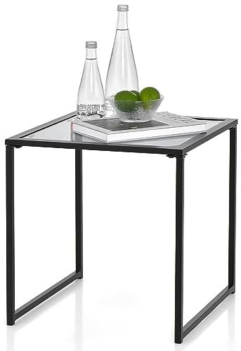 COSTWAY Beistelltisch, Kleiner Gartentisch, Balkontisch mit Tischplatte aus gehärtetem Glas, Kaffeetisch für Wohnzimmer, Garten, Balkon, Terrasse, 43 x 43 x 45 cm