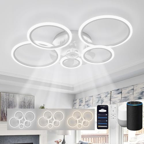 ycwdcz Lampara Ventilador Techo Led Compatible con Alexa, Google Assistant, Anillo Ventiladores de Techo con Luz Silencioso, Regulable, 6 Velocidades, Motor DC, Modo Verano/Invierno