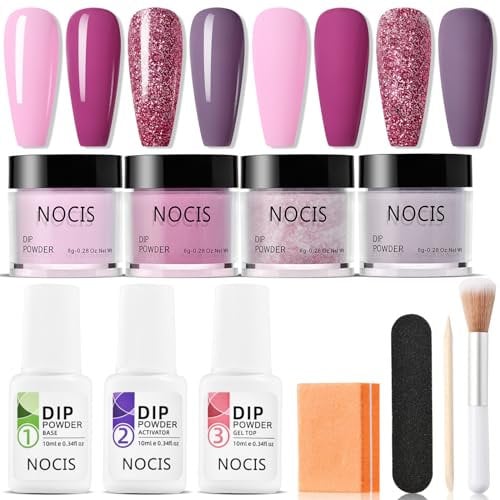 NLFOX Nail Dipping Powder Kit - 4PCS Purple Tones & Glitter DIY Manicure Nail Art Starter Set with Base Top Coat Activator