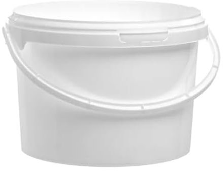 Pack of 5 x 3 Litre White Round Plastic Bucket with Lid & Plastic Handle