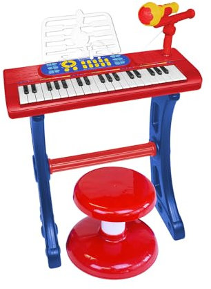 Bontempi | MiniKeyFun - Tastiera Giocattolo a 37 Tasti per Piccoli Musicisti con Microfono, Sgabello e Leggio, Blu e Rosso, 54,4x32,9x15,9 cm