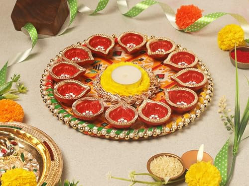 TRBD13-01 Handgefertigtes Terrakotta-Set mit 13 roten Ton, Diya für Diwali/Navratri-Dekorationen, Öllampe, Diwali-Ton, Diya-Teelichthalter, indisches Dekor, Festival-Geschenke, Puja-Artikel