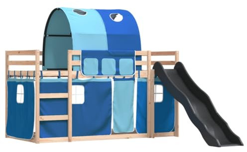 vidaXL Etagenbett, Stockbett mit Rutsche Gardinen, Kinderbett mit Rausfallschutz Lattenrost, Spielbett Bett ohne Matratze, Blau 80x200cm