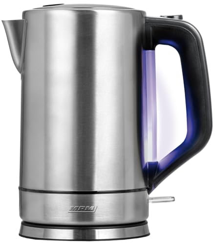 MPM MCZ-121M Wasserkocher 1,7L, Edelstahlgehäuse, 2200W, Automatische Deckelöffnung, Blau beleuchteter Wasserstandsanzeiger, Austauschbarer Filter, Stahl