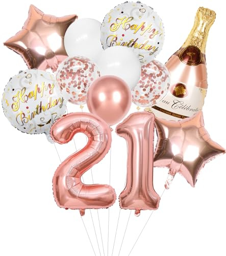 Anlgdi Folienballon Champagne Rosegold, Luftballon 21. Geburtstag Deko Frau, Geburtstagsdeko 21 Jahre Frauen, Helium Ballon Champagner Flasche Bier Happy Birthday Deko für 21. Geburtstag Party Deko
