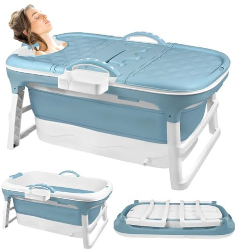 Baignoire pliable pour adulte - 118 x 62 x 52 cm - Baignoire mobile pliable avec couvercle - Panier à savon portable pliable - Roulettes de massage - Idéal pour les petites salles de bains
