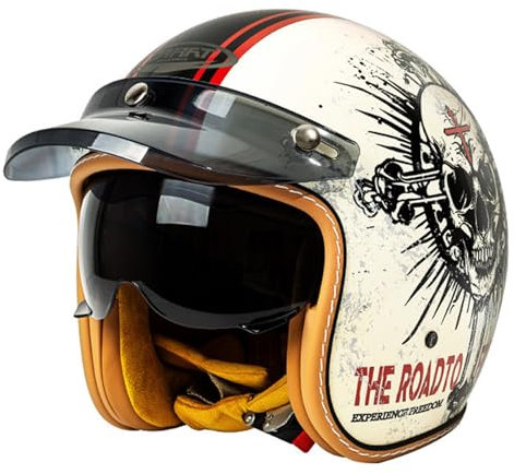 3/4 Halber Motorradhelm, Retro-Motorradhelm, ECE/DOT-Zugelassener Retro-Jet-Helm Für Damen Und Herren, Jethelm mit Visier, Hochwertiger Motorradhelm, Moped, Motorrad, Helikopter F,L(59-60CM)