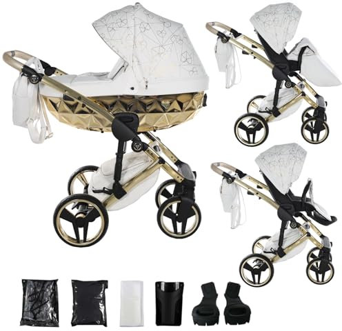Junama Kinderwagen Diamond Heart 2in1 3in1 4in1 (01 - Weiß und Gold, 2in1 mit Adaptern)
