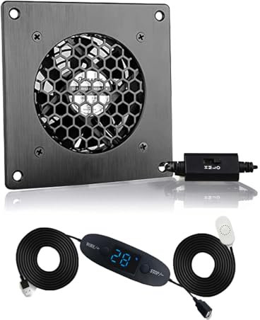 BRIEFCEC USB Lüfter 80mm,Digitalanzeige Temperaturregelung Leises Lüftersystem, 5V Lüfter, mit modernem Rahmen aus gebürstetem schwarzem Aluminium für Heimkino-AV-Schrank, Haustierhöhle (1 Stück)