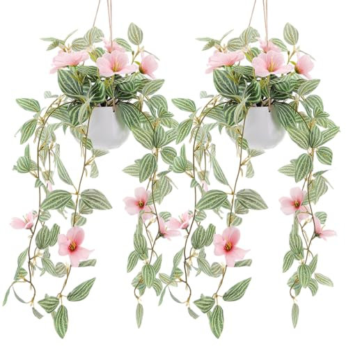 Kepfire Lot de 2 petits pots de fleurs artificielles à suspendre avec vignes artificielles et fleurs roses pour décoration murale de salon, étagère murale d'intérieur et d'extérieur