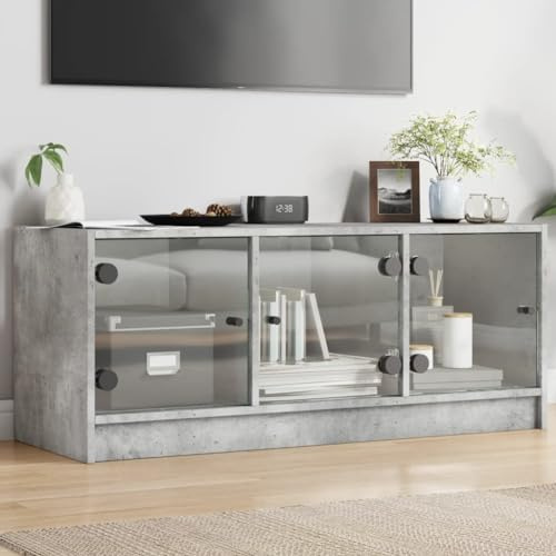 Mobile Porta TV, Tavolino per tv Mobiletto tv basso Mobile sala TV Mobile TV modern Utilizzabile per Appartamento Ufficio Hotel Lounge con Ante in Vetro Grigio Cemento 102x37x42 cm