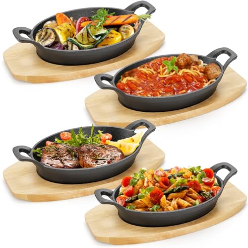 Mezchi 4 Pack Mini Cast Iron Fajita Skillet Set, 21.5 x 15.5cm/8.5 x 6.1“ Sizzling Plate with Wooden Base, Small Oval Casserole Dishes, Cast Iron Pizza Baking Steak Pan for Stove, Oven, Grill