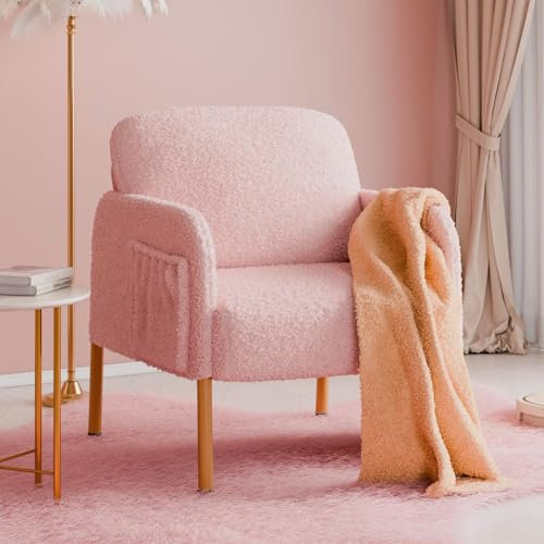 Mondeer Fauteuil de Salon, Fauteuil Confortable en Tissu Bouclette avec 2 Pochettes et Pieds Métal Style Scandinave, pour Salon Chambre, 63 x 75 x 75 cm, Rose
