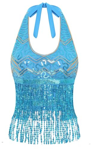 Agoky Damen Pailletten Top Neckholder Shirt Bauchtanz Oberteile mit Glitzer Fransen Sport Crop Tops Tanz Gogo Outfits Motto Party Clubwear