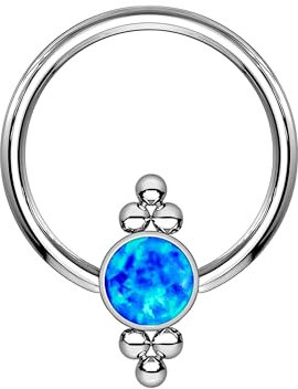 Titanium Captive Bead Ring with Blue Opal and Six Beads, Daith Clicker Nose Jewelry Piercing Ring Septum Hoop - Silver / 16G / 10 mm