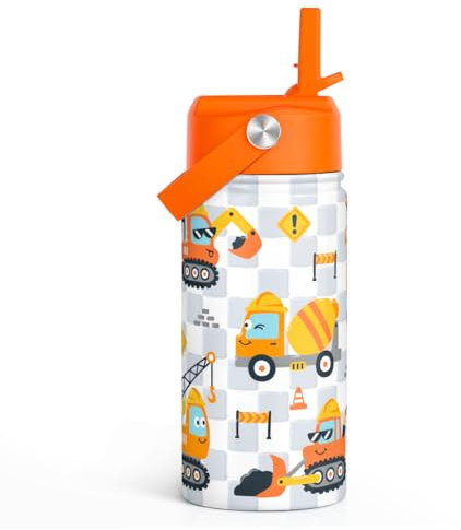 Construction Kinder-Wasserflasche mit Strohhalm-Deckel, 340 ml, isolierter Edelstahl, LKW-Reisebecher, Geschenke für Jungen, Geburtstag, Weihnachten, Schulanfang