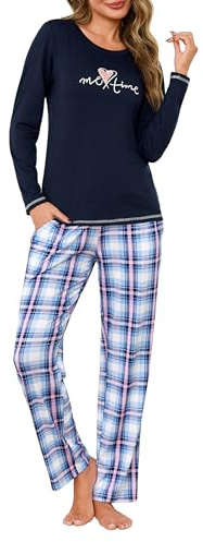 Leversic Pyjama Femme Hiver, Haut Imprimé et Pantalon à Carreaux | Confortable et Doux, Cet Ensemble d'Hiver Associe Un Haut Imprimé et Un Pantalon à Carreaux Pour Les Moments de Détente