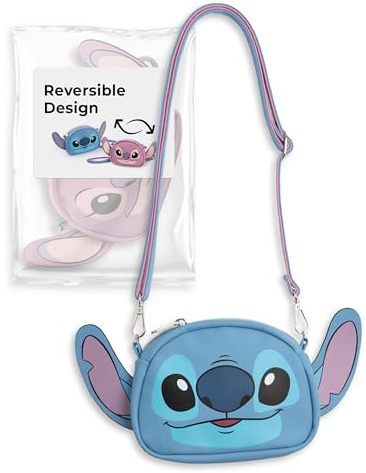 Disney Lilo & Stitch Double-Sided Cross Body Bag | Blue Stitch & Angel Character Handbag | Adjustable Strap Small Carrier Movie Merchandise for Kids
