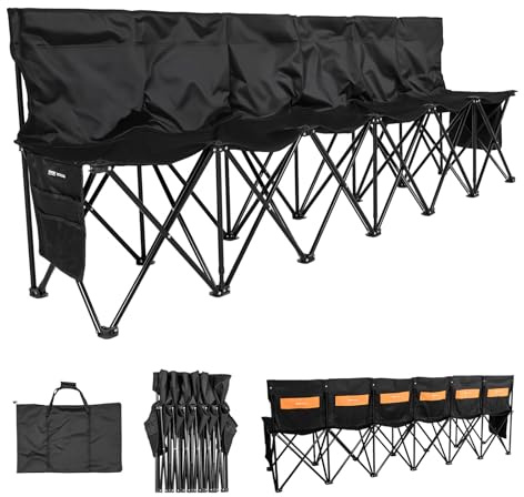 VEVOR Portable Folding Bench, 6 Seat Soccer Bench with Multiple Storage Pockets & Carrying Bag, Lightweight Sideline Seating with Back Rest for Football, Baseball, Camping, Outdoor Events, Black