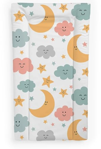 Baby Changing Mat, Waterproof Surface, Raised Padded Sides, Unisex Plain Design, Soft Foam Comfort, Safe for Newborns, Perfect for Dresser & Changing Table Top (Cloud Moon, 79x48x2.5cm)