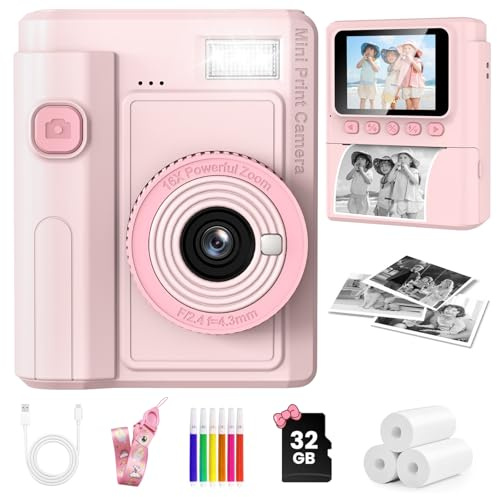 QIVORO Kids Camera Instant Print, 1080P Instant Digital Print Camera for Kids with 32GB Card & 3 Rolls Photo Paper. Christmas Birthday Gift Toys for Toddler Boys Girls Age 3-12(Pink)