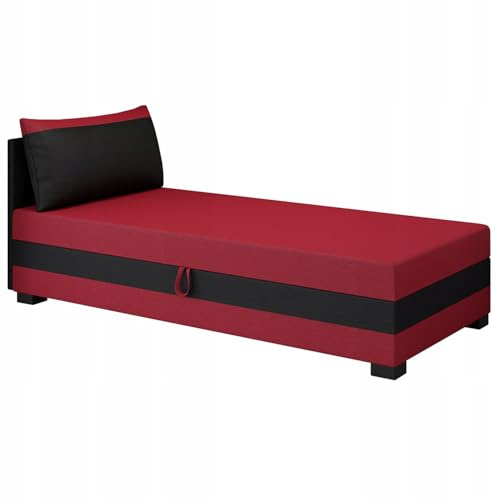 TAPCZANY24 - Boxspringbett Ilia 90x200 cm mit Schaumstoff Matratze | Bett mit Matratze, Polsterbett mit Bettkasten, Gepolstertes Einzel Bett, Schlafsofa - Rot und Schwarz