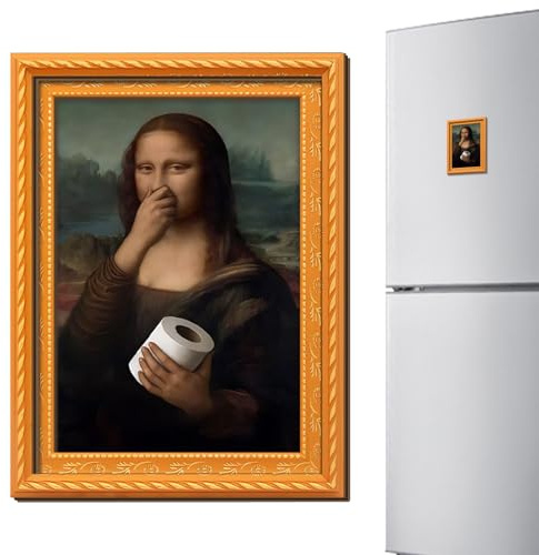 Humormagnet - Mona Lisa Stil Kunst Holz Bilderrahmen Magnet, Humorvolles Design mit Mona Lisa, die ihre Nase drückt | Lustige Dekoration für Haus, Küche, Auto, Schule, Innenraum