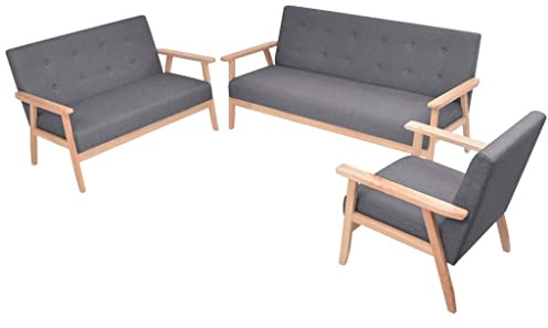 Ordellia Sofa-Set 3-teilig, Dunkelgrau Stoff, Skandinavisches Design, Massivholzrahmen, Bequeme Polsterung für Wohnzimmer, Langlebige Möbel Garnitur