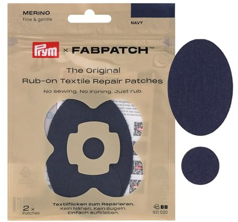 Prym 921020 FabPatch MERINO Rub-on Patch Marine (2 Stück) – Selbstklebende Reparaturflicken aus 100% Merinowolle für Pullover, Feinstrick, Unterwäsche & Innenfutter – Ohne Nähen & Bügeln